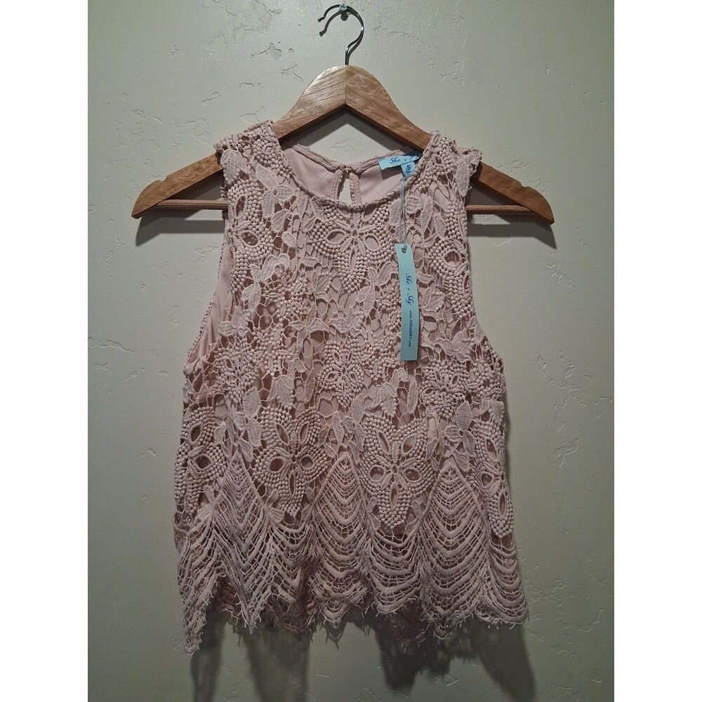 She & Sky Lace Crochet Tank Top Pale Pink Floral Overlay Swing Fringe Balletcore